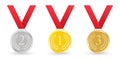 Medal set. Gold, silver and bronze medals with ribbon. Award, prize, 1st, 2nd, 3rd place concept. Vector illustration Royalty Free Stock Photo